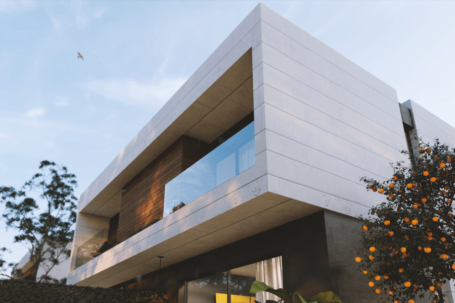 Render 3D fotorrealista de un edificio unifamiliar sonora park jva renders