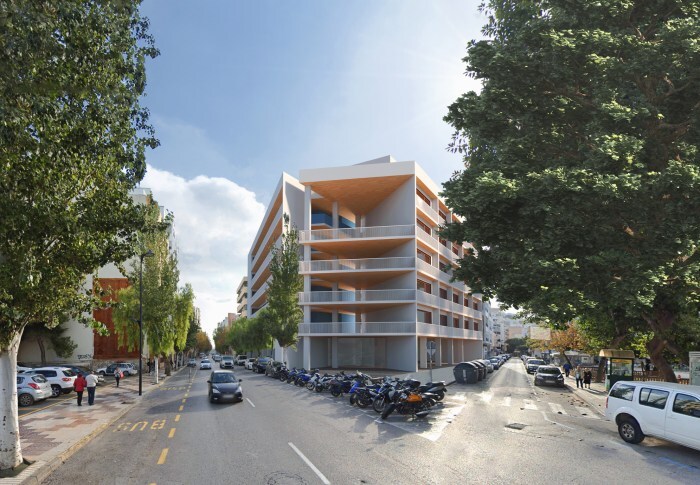 Renderizado 3D en Proyectos Inmobiliarios: Beneficios y Ejemplos 1 infografia de JVA Renders de un edificio de promoción de viviendas en Ibiza. La imagen muestra una escena urbana con una villa moderna, con una amplia terraza, piscina, y zonas ajardinadas, destacando un diseño contemporáneo con líneas limpias y grandes ventanales.