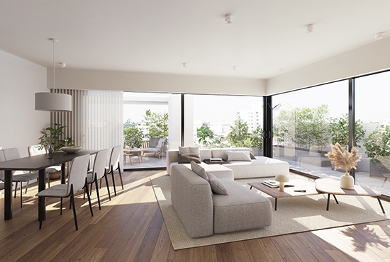 a living room with a table and chairs - JVA Renders