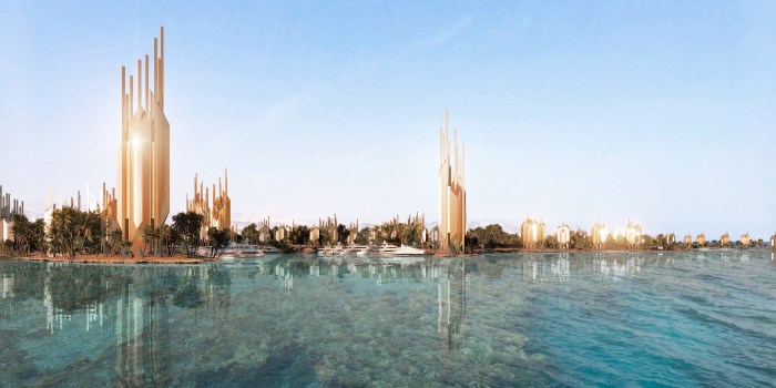 Image of arrival at the harbor of Sindalah Island, surrounded by golden skyscrapers shining brightly. The crystal clear water of the royal harborneomjva renders