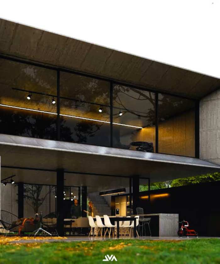 Vista exterior de casa moderna - Recorrido visual en 3D - JVA Renders 